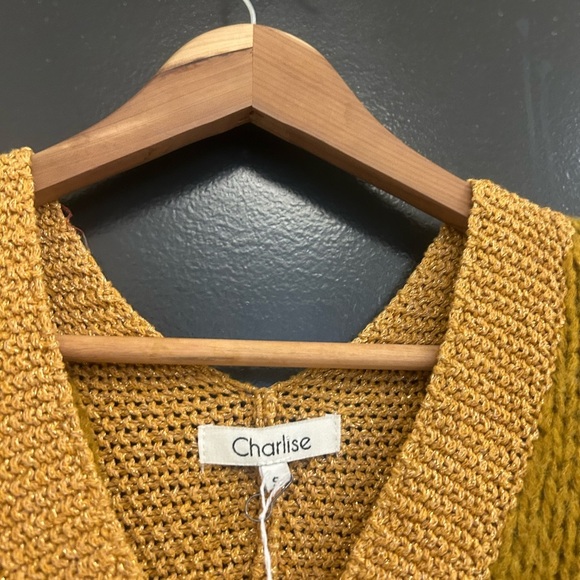 Charlise NWT S oversized Yellow and gold V-Neck Sweater neck yellow shimmers - Picture 5 of 13